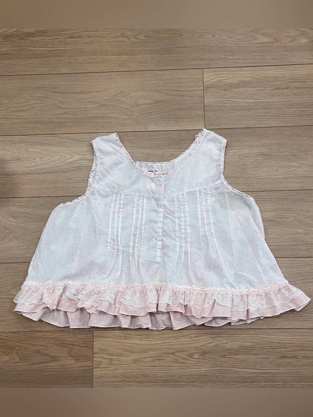 Vintage Carroll Reed Pink Floral Lace Ruffle Babydoll Top Cottagecore